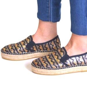 Toni Pons Fonda-LJ Sequin Flatform Espadrilles NWOT Size 6 Black Gold
